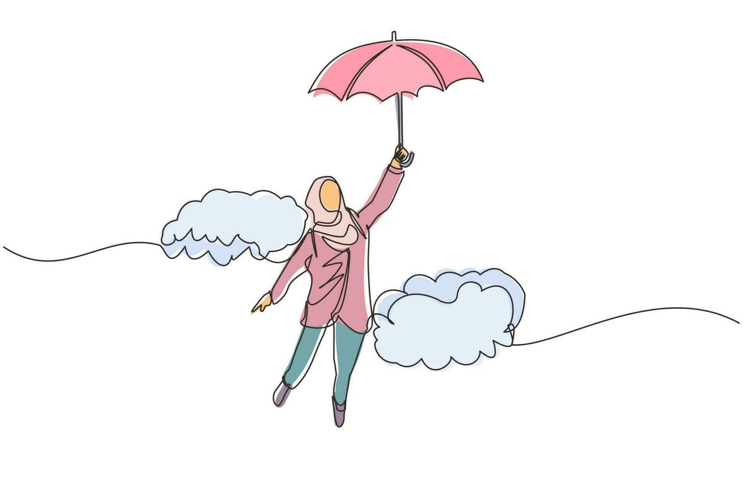 dessin en ligne continue unique heureuse femme d'affaires arabe riche volant avec son parapluie tenant une mallette. employé de bureau atteindre l'indépendance financière. illustration vectorielle de conception graphique d'une ligne vecteur