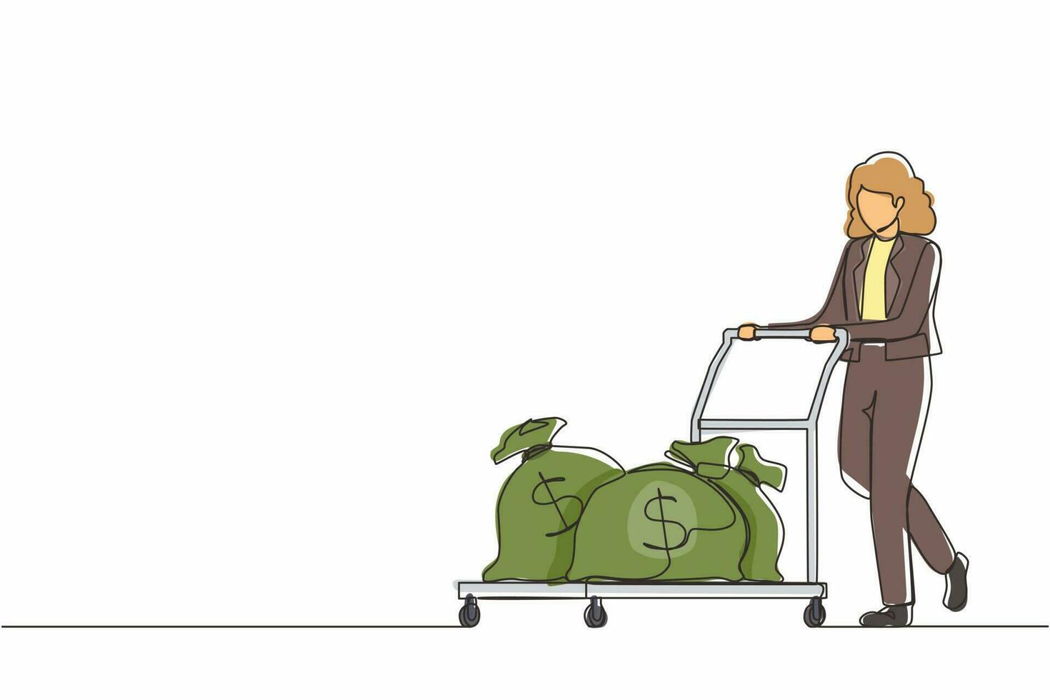 une seule ligne dessinant un chariot de poussée de femme d'affaires avec des sacs d'argent. concept de récompense ou de profit. employée avec salaire. l'investisseur apporte de l'argent au démarrage. vecteur graphique de conception de dessin en ligne continue