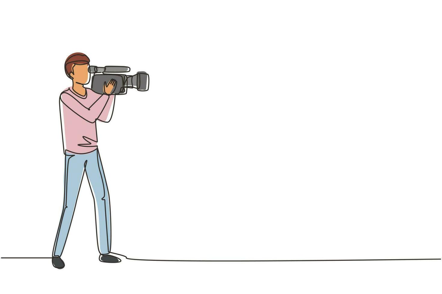 un opérateur de caméra professionnel de dessin au trait continu tenant une grande caméra sur l'épaule. caméraman, journaliste filmant du contenu télévisé. vidéaste avec caméra. illustration vectorielle de dessin à une seule ligne vecteur