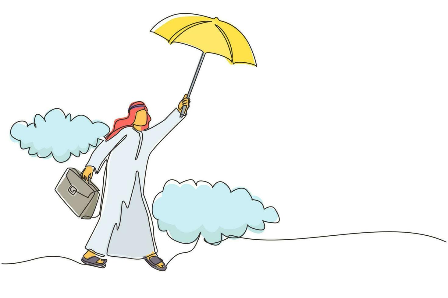 dessin en ligne continue unique heureux homme d'affaires arabe riche volant avec son parapluie tenant une mallette. employé de bureau atteindre l'indépendance financière. une ligne dessiner illustration vectorielle de conception graphique vecteur