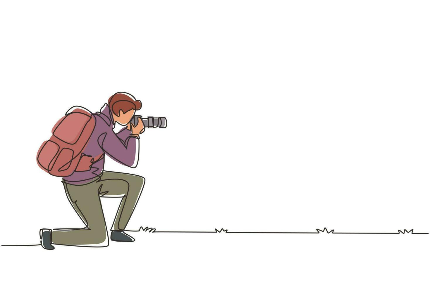 dessin continu d'une ligne photographe d'homme agenouillé avec téléobjectif et sac à dos. touriste faisant des prises de vue et des photographies de la nature en situation authentique. illustration vectorielle de dessin à une seule ligne vecteur