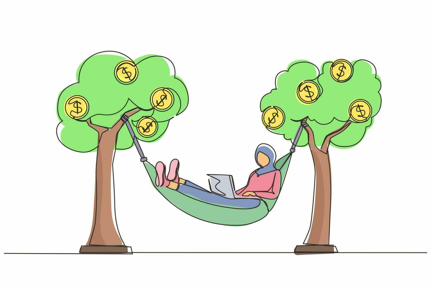 dessin d'une seule ligne heureuse femme d'affaires arabe riche en tapant avec un ordinateur portable dans un hamac attaché sur un arbre d'argent avec des pièces en dollars. tirer un profit ou un dividende de l'investissement. vecteur graphique de conception de ligne continue