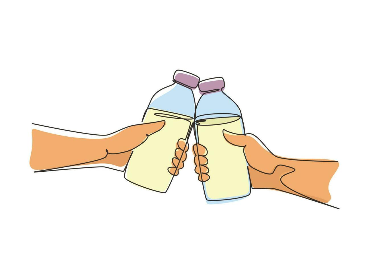 une seule ligne dessinant des acclamations. griller avec du lait. deux mains. toast à deux mains avec du lait. bouteille de lait. homme et femme appréciant boire ensemble. mode de vie sain. vecteur de conception de dessin en ligne continue