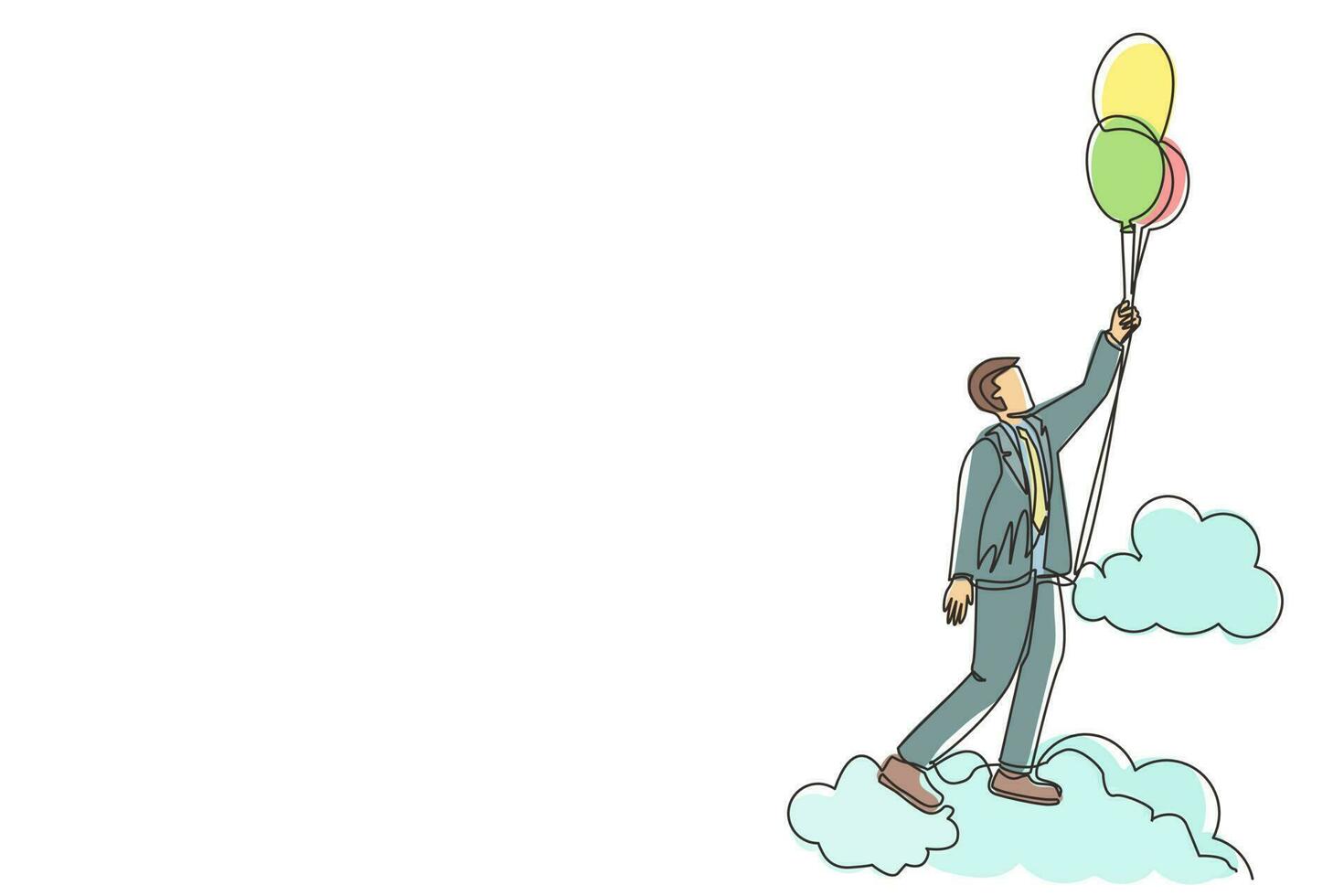 homme d'affaires de dessin d'une seule ligne flottant avec ballon. homme tenant un ballon volant à travers les nuages. le travailleur atteint son objectif, sa cible, trouve une solution. illustration vectorielle graphique de conception de ligne continue vecteur