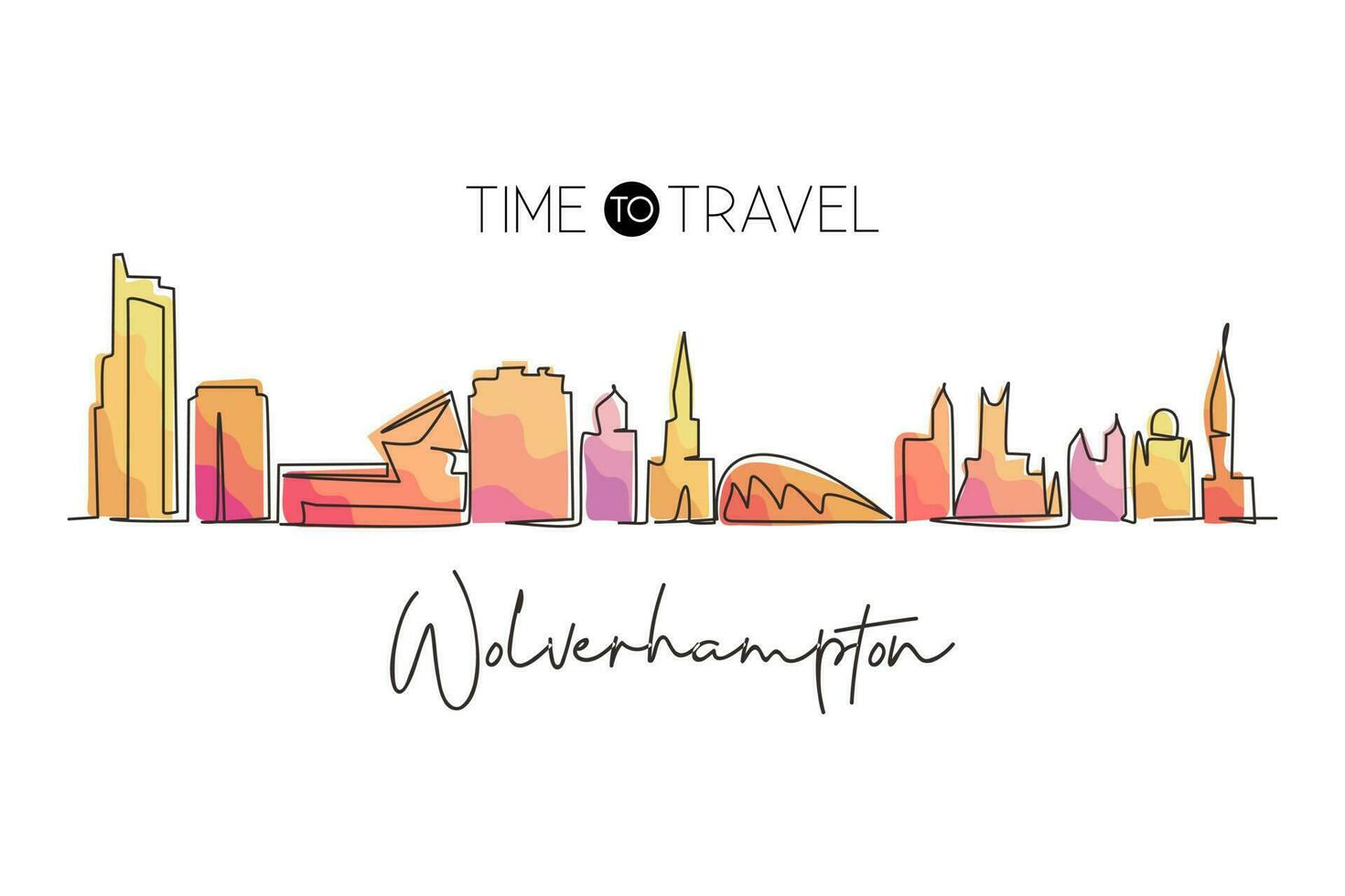 ligne continue unique dessinant les toits de la ville de wolverhampton, angleterre. paysage de la ville historique du monde. meilleure impression de carte postale de destination de vacances. trait modifiable tendance une ligne dessiner vecteur de conception graphique