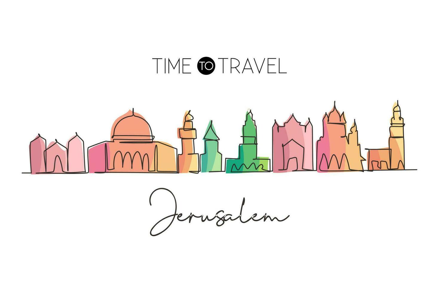 une seule ligne continue dessinant les toits de la ville sainte de jérusalem, palestine. paysage de ville historique dans le monde. meilleure destination de vacances. trait modifiable illustration vectorielle de conception de dessin à une ligne à la mode vecteur