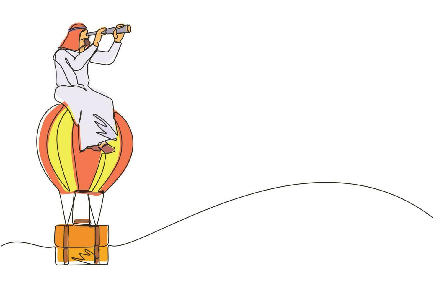 une seule ligne dessinant un homme d'affaires arabe assis et regardant à travers le télescope dans une mallette de ballon à air chaud. mâle dans la recherche de ballon valise vers le succès. Voyage d'affaires. vecteur de conception de ligne continue