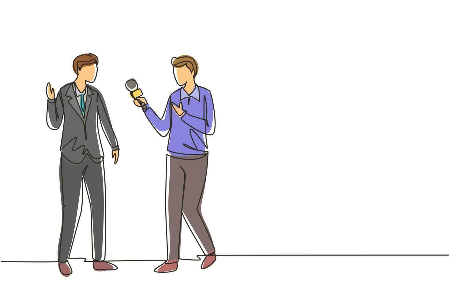 continu une ligne dessinant un journaliste masculin avec microphone faisant une interview avec un homme d'affaires. journaliste professionnel en conversation, demandant avis. illustration vectorielle de dessin à une seule ligne vecteur