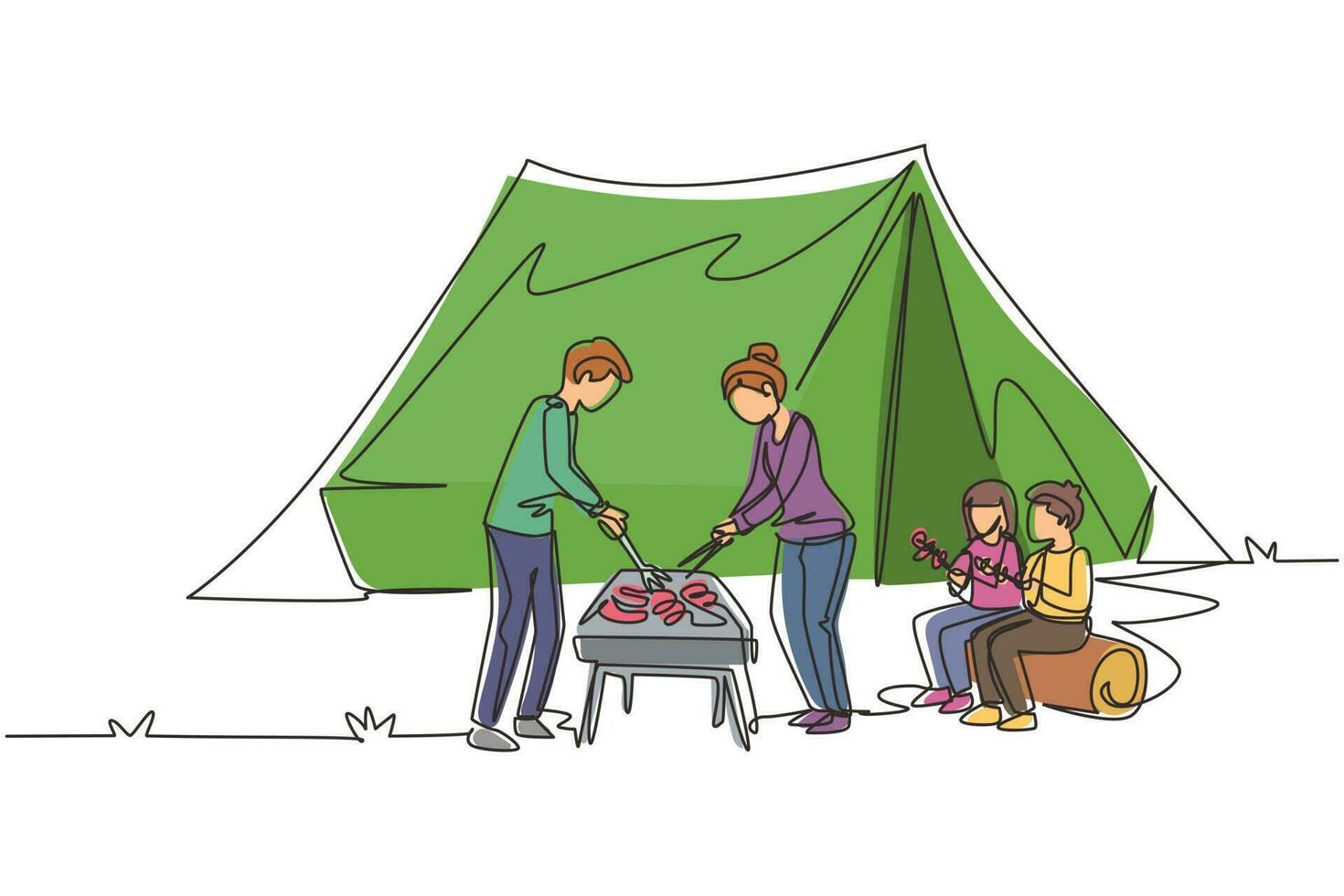 une ligne continue dessinant heureux quatre membres de la famille font un barbecue dans la montagne. père, mère et enfants randonnées, voyages et camping dans la nature. illustration vectorielle de dessin à une seule ligne vecteur