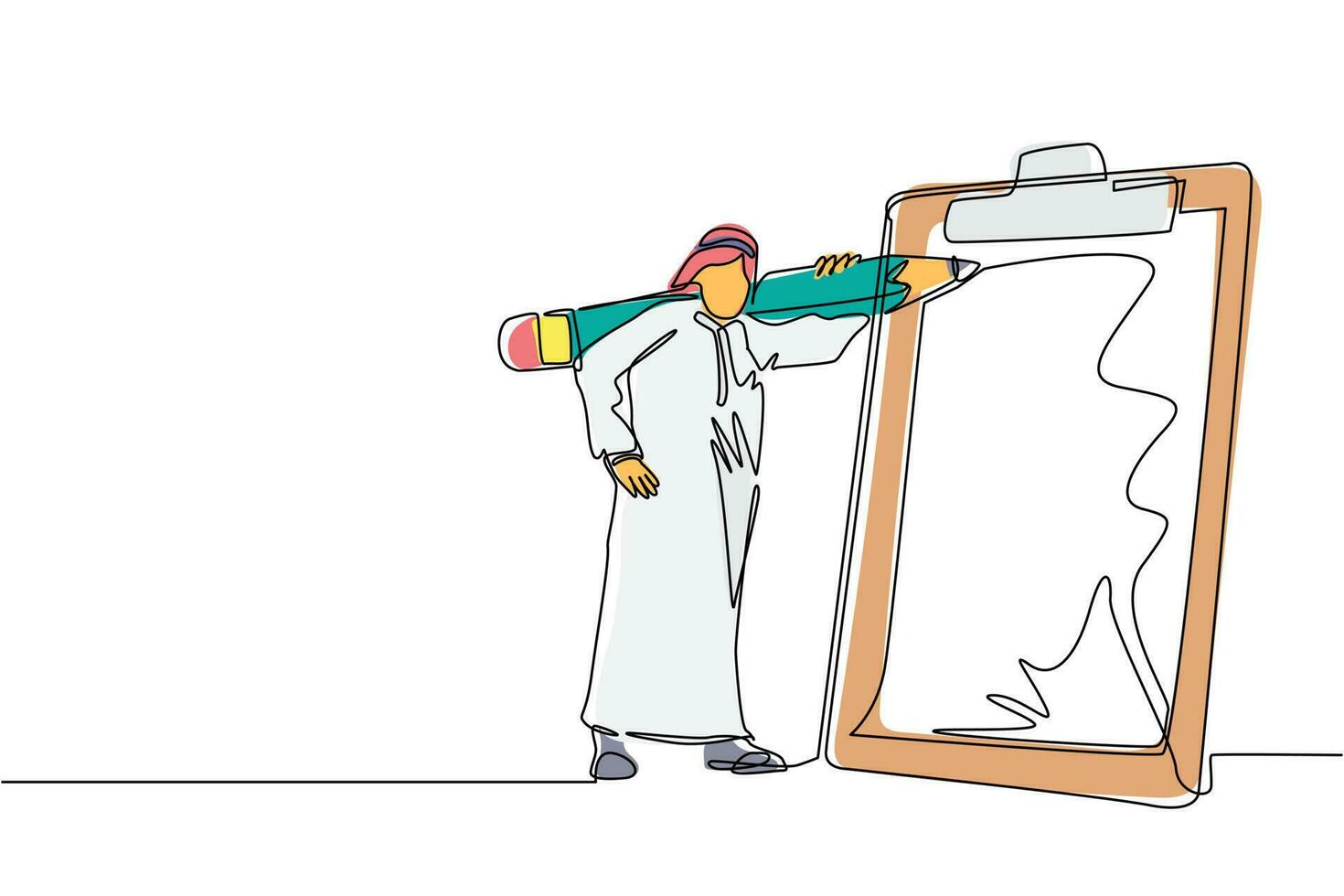 dessin en ligne continue unique homme d'affaires arabe avec un crayon géant sur son épaule à proximité marqué liste de contrôle sur papier presse-papiers. la réussite des tâches commerciales. vecteur de conception de dessin d'une ligne