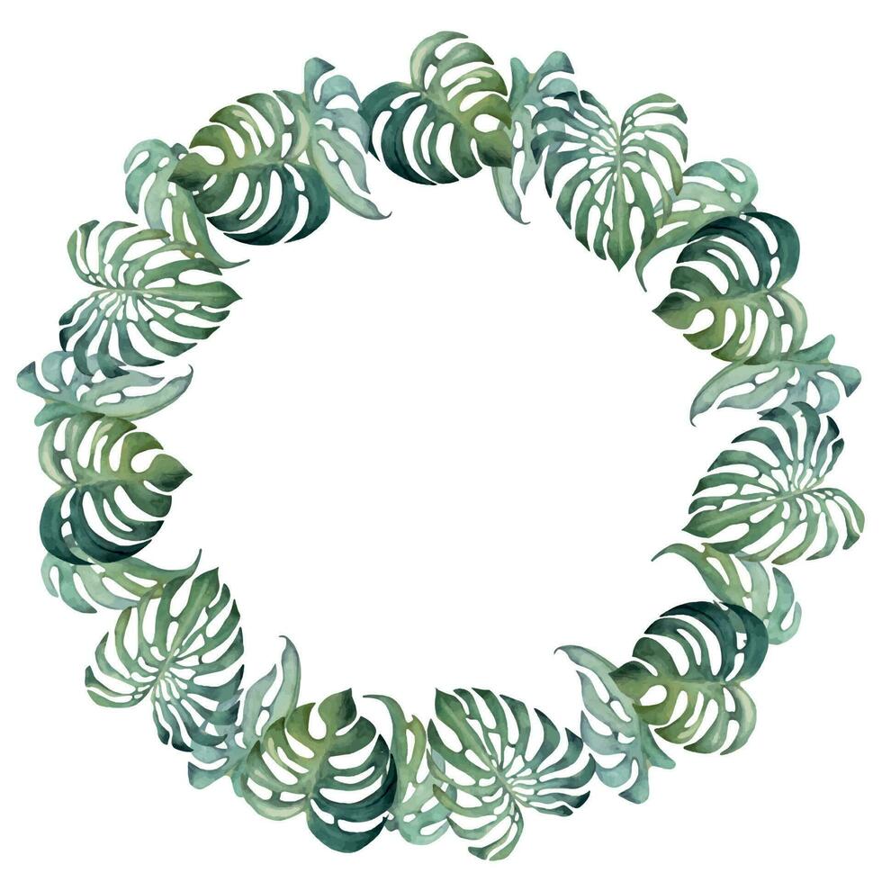 main tiré aquarelle exotique vert monstera feuilles tropique feuillage. cercle couronne Cadre. isolé sur blanc Contexte. conception mur art, mariage, imprimer, tissu, couverture, carte, tourisme, Voyage brochure. vecteur