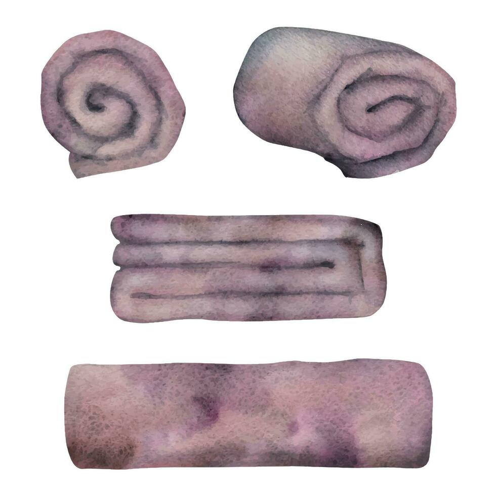 main tiré aquarelle spa soin de la peau une baignoire les serviettes plié et roulé, violet violet ocre. isolé objet sur blanc Contexte. conception pour mur art, bien-être station balnéaire, imprimer, tissu, couverture, carte, brochure. vecteur