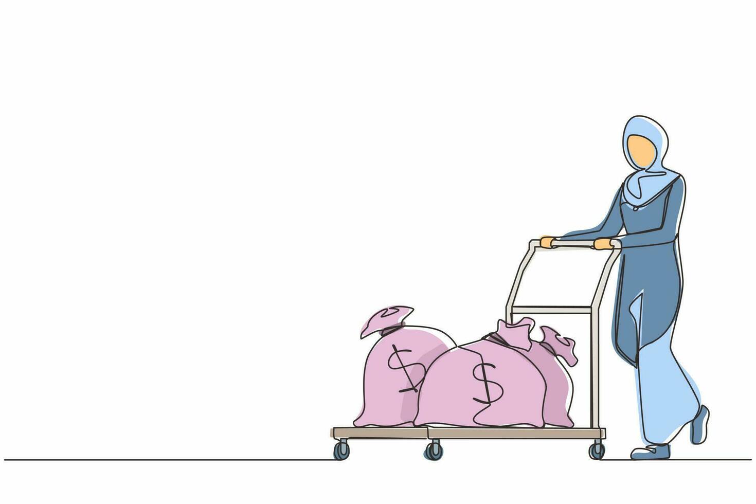 dessin au trait continu d'une femme d'affaires arabe poussant un chariot avec des sacs d'argent. concept de récompense ou de profit. employée avec salaire. l'investisseur apporte de l'argent au démarrage. vecteur de conception graphique d'une ligne