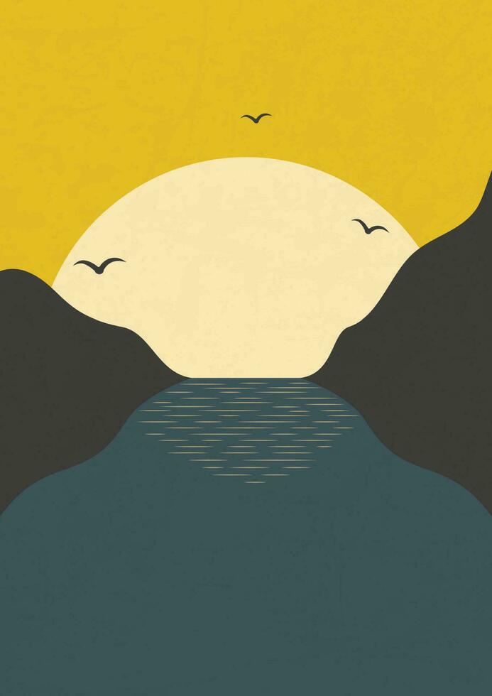 le coucher du soleil esthétique Montagne paysage affiche illustration. moderne boho Contexte avec Soleil et troupeau de des oiseaux, minimaliste mur décor. vecteur a4 art impression