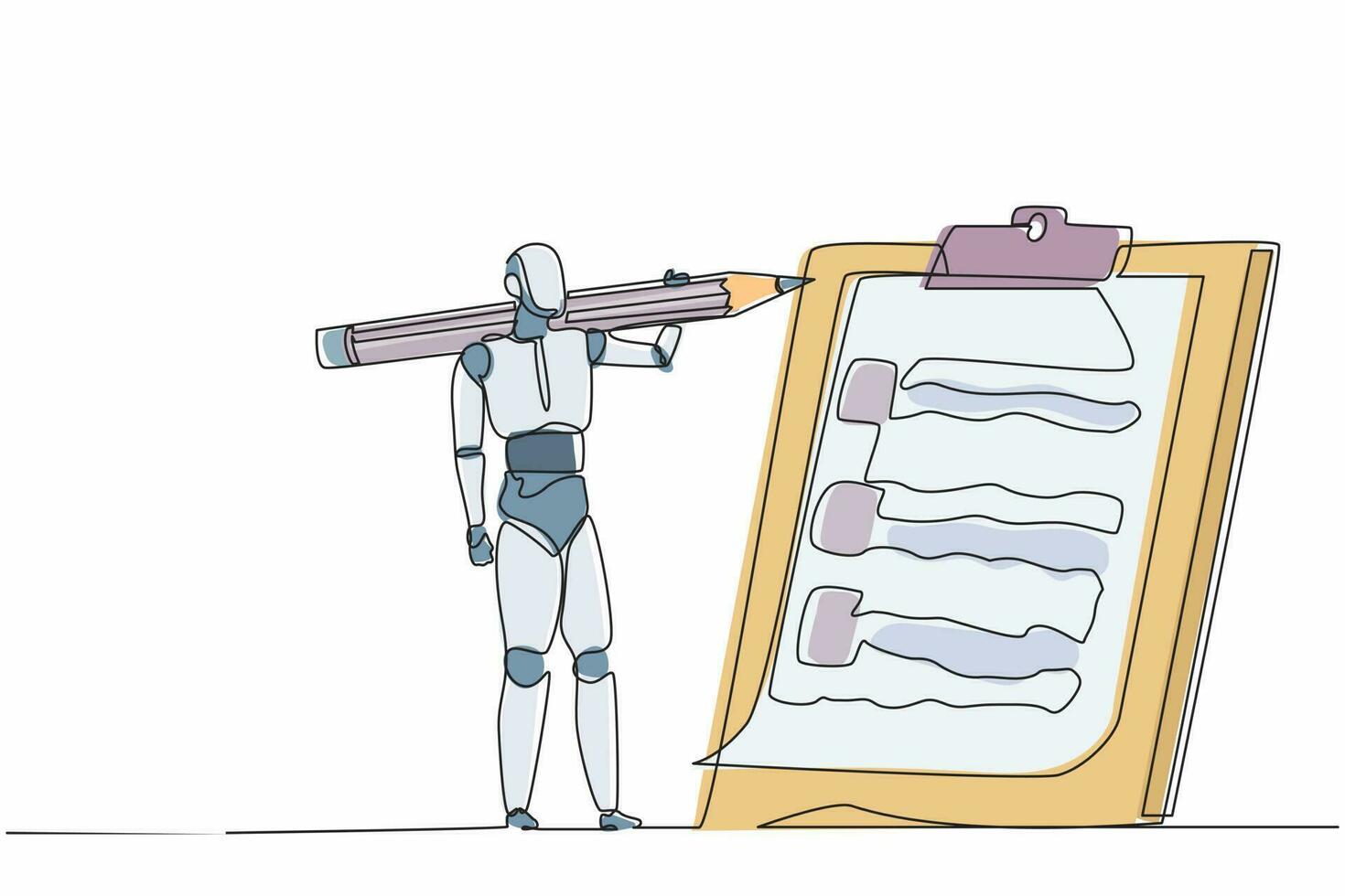 robot de dessin en ligne continue unique portant un gros crayon et regardant le presse-papiers. développement technologique futur. intelligence artificielle et processus d'apprentissage automatique. une ligne dessiner vecteur de conception graphique