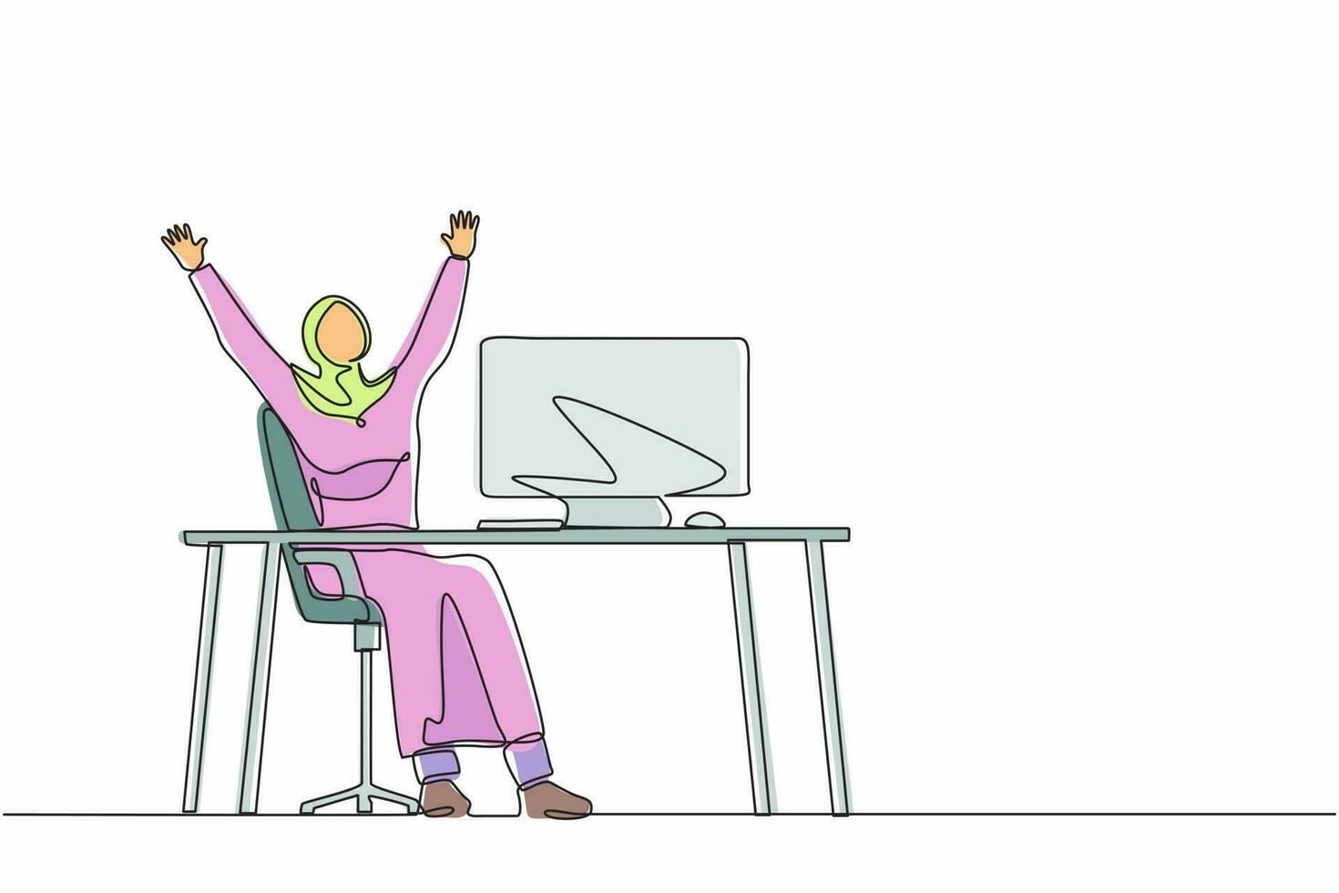 une ligne continue dessinant une femme d'affaires arabe heureuse assise avec les mains levées sur son lieu de travail. un employé de bureau célèbre le succès du projet d'entreprise. illustration graphique vectorielle de conception de dessin à une seule ligne vecteur