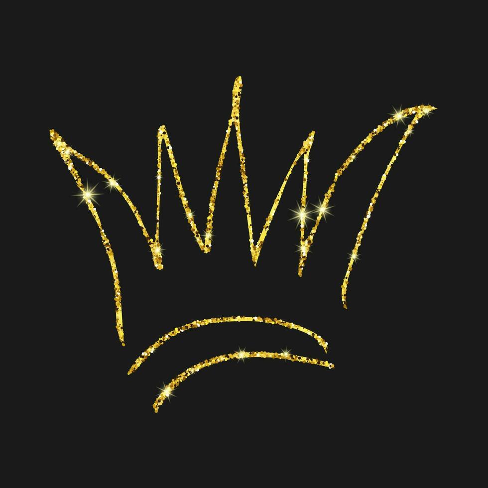 couronne dessinée à la main de paillettes d'or. reine de croquis de graffiti simple ou couronne de roi. couronnement impérial royal et symbole monarque isolé sur fond sombre. illustration vectorielle. vecteur