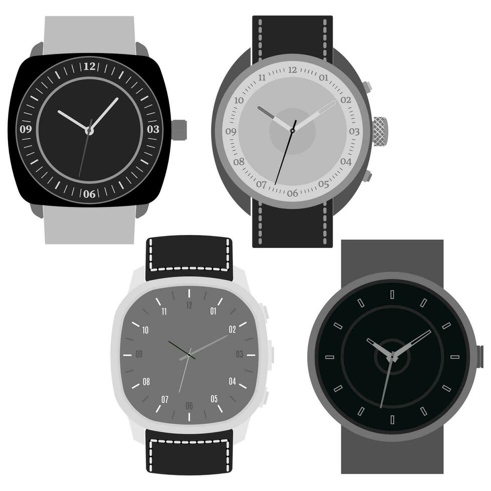 ensemble de quatre noir et blanc montres sur blanc Contexte. l'horloge visage avec heure, minute et seconde mains. vecteur illustration.