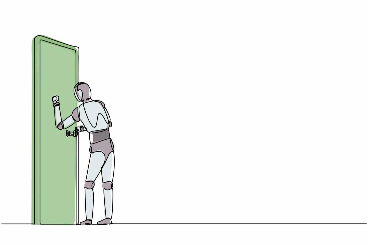 des robots de dessin en ligne continus se tenant devant la pièce et frappant à la porte. organisme cybernétique robot humanoïde. futur concept de développement de la robotique. illustration graphique vectorielle de conception à une seule ligne vecteur