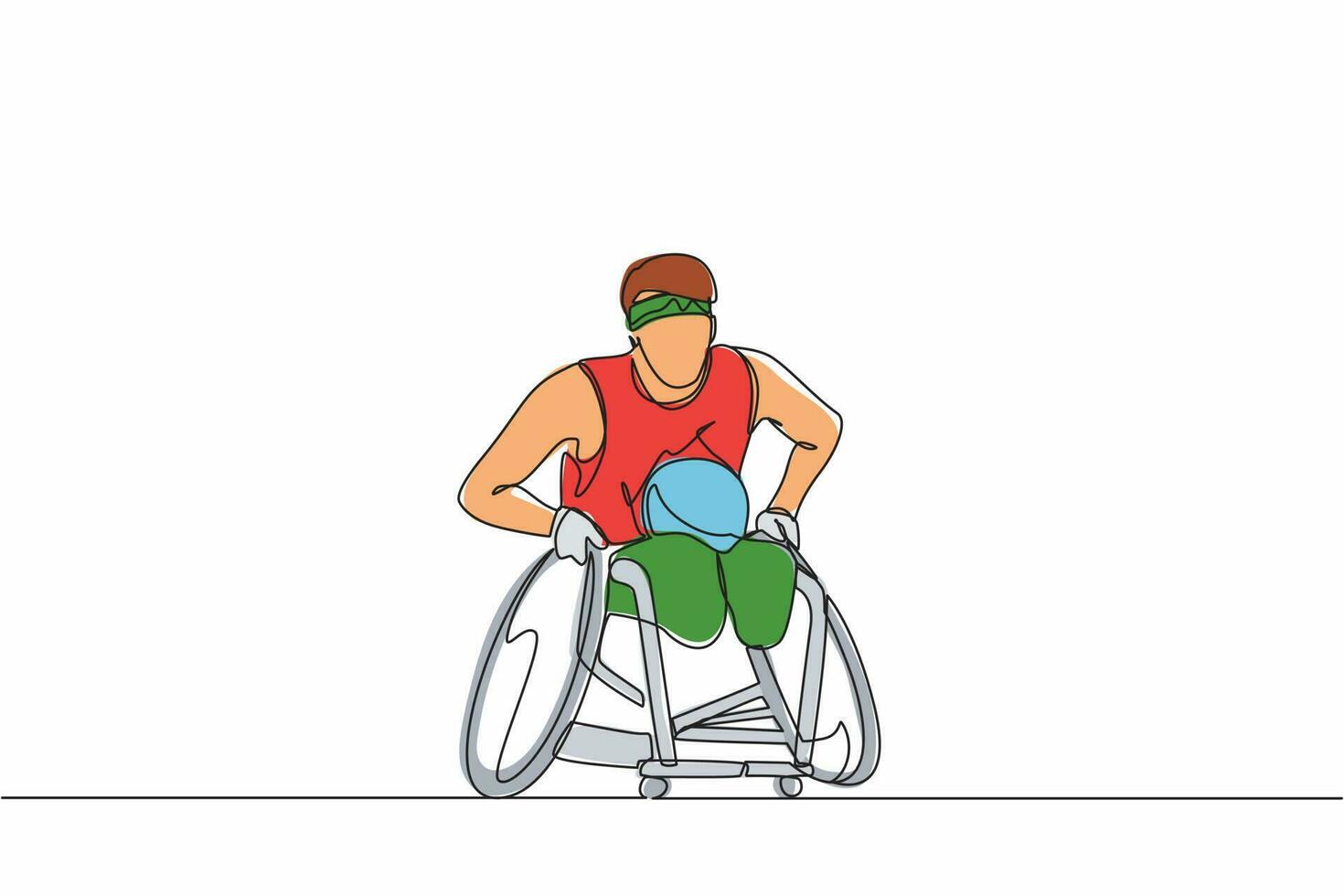 un sportif de dessin continu d'une ligne joue au rugby lors d'une compétition de sport en fauteuil roulant. joueur de rugby handicapé en fauteuil roulant. athlète souffrant de troubles physiques. graphique vectoriel de conception de dessin à une seule ligne