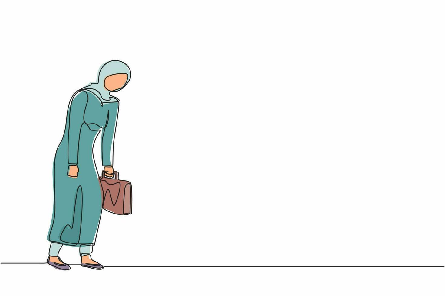 une ligne continue dessinant une femme d'affaires arabe triste regardant vers le bas, tenant une mallette. femme ayant une pression mentale ou un stress. faillite sur la récession économique mondiale. graphique vectoriel de conception à une seule ligne