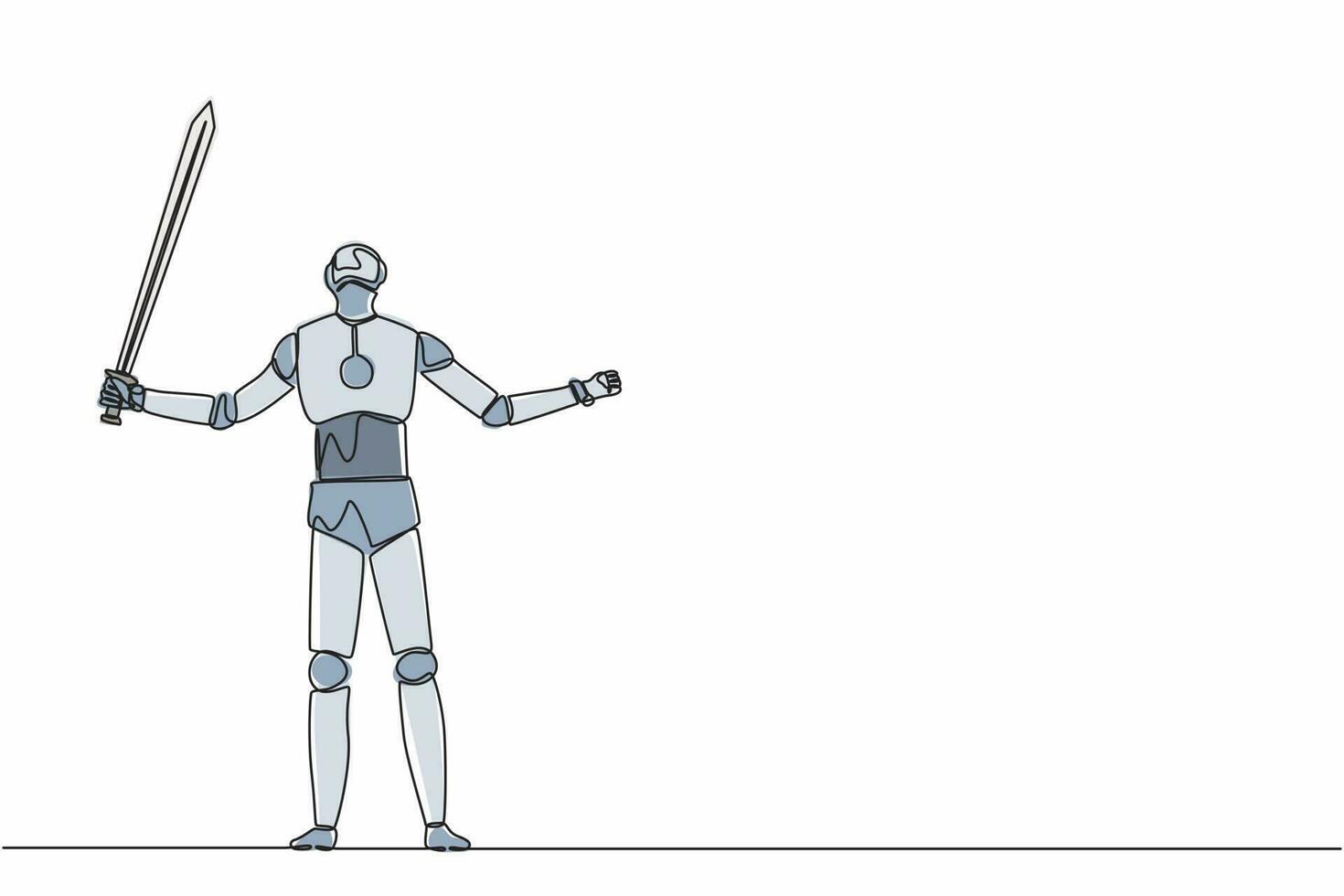 robots continus de dessin d'une ligne debout et soulevant une grande épée. organisme cybernétique robot humanoïde. futur concept de développement de la robotique. illustration graphique vectorielle de conception de dessin à une seule ligne vecteur