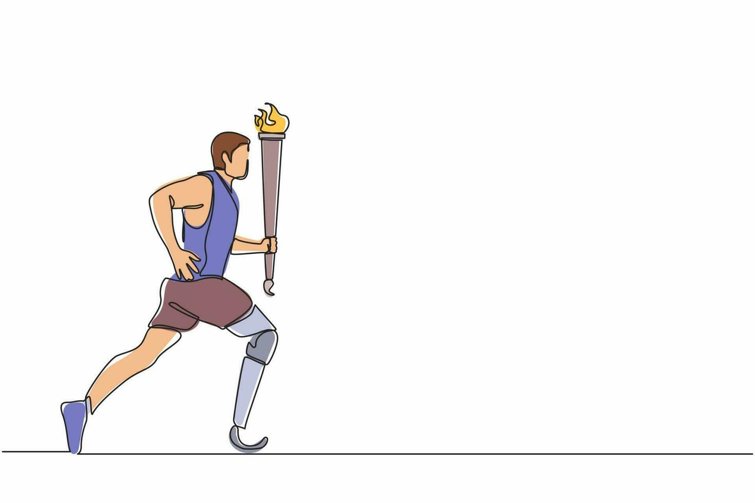 dessin continu d'une ligne jeune athlète handicapé avec jambe prothétique tenant la torche. sportif handicapé participant à la cérémonie d'ouverture du tournoi sportif. graphique vectoriel de conception de dessin à une seule ligne