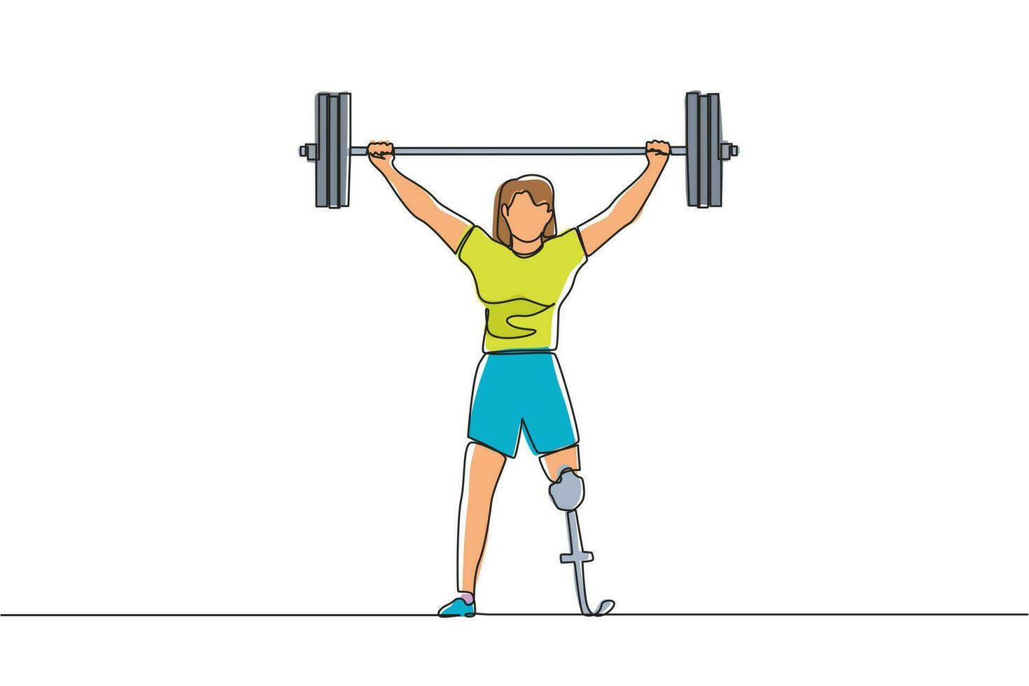 une ligne continue dessinant une forte sportive de bodybuilder handicapée soulevant une barre de poids lourd au-dessus de sa tête. sport d'haltérophilie pour handicap. illustration graphique vectorielle de conception de dessin à une seule ligne vecteur