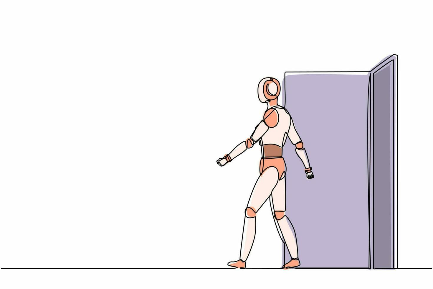 des robots de dessin en ligne continue uniques sortent et quittent la porte du bureau. technologie d'intelligence artificielle robotique. industrie de la technologie électronique. une ligne dessiner illustration vectorielle de conception graphique vecteur