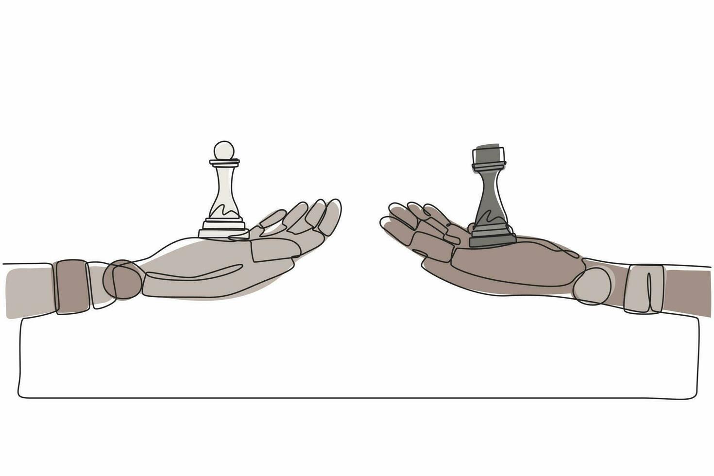 une seule ligne continue dessinant des mains de robots avec des pièces d'échecs de pion et de tour. technologie d'intelligence artificielle robotique moderne. industrie de la technologie électronique. une ligne dessiner vecteur de conception graphique