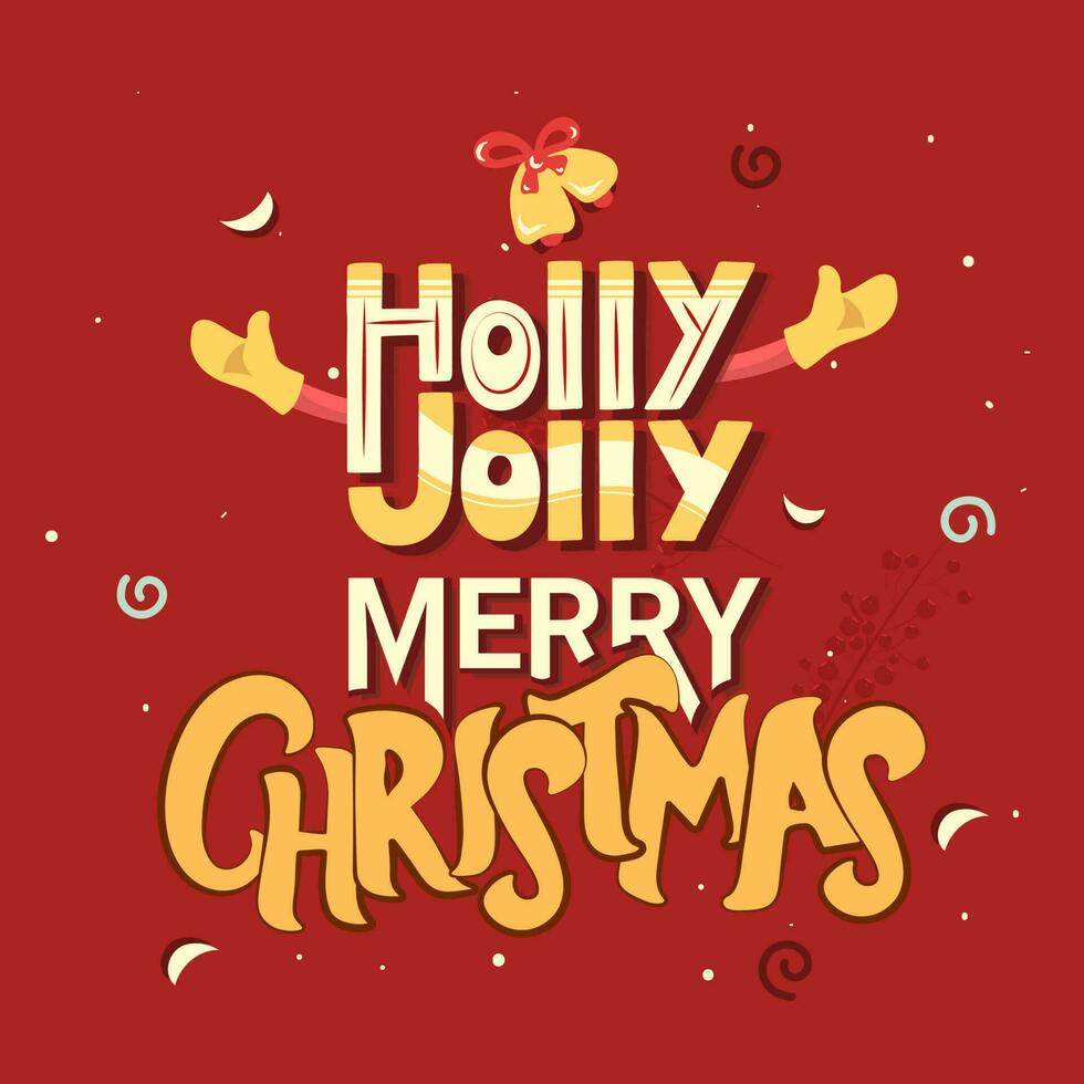 blanc et Jaune texte houx gai joyeux Noël avec ouvert bras et tinter cloche sur rouge Contexte pour fête concept. vecteur