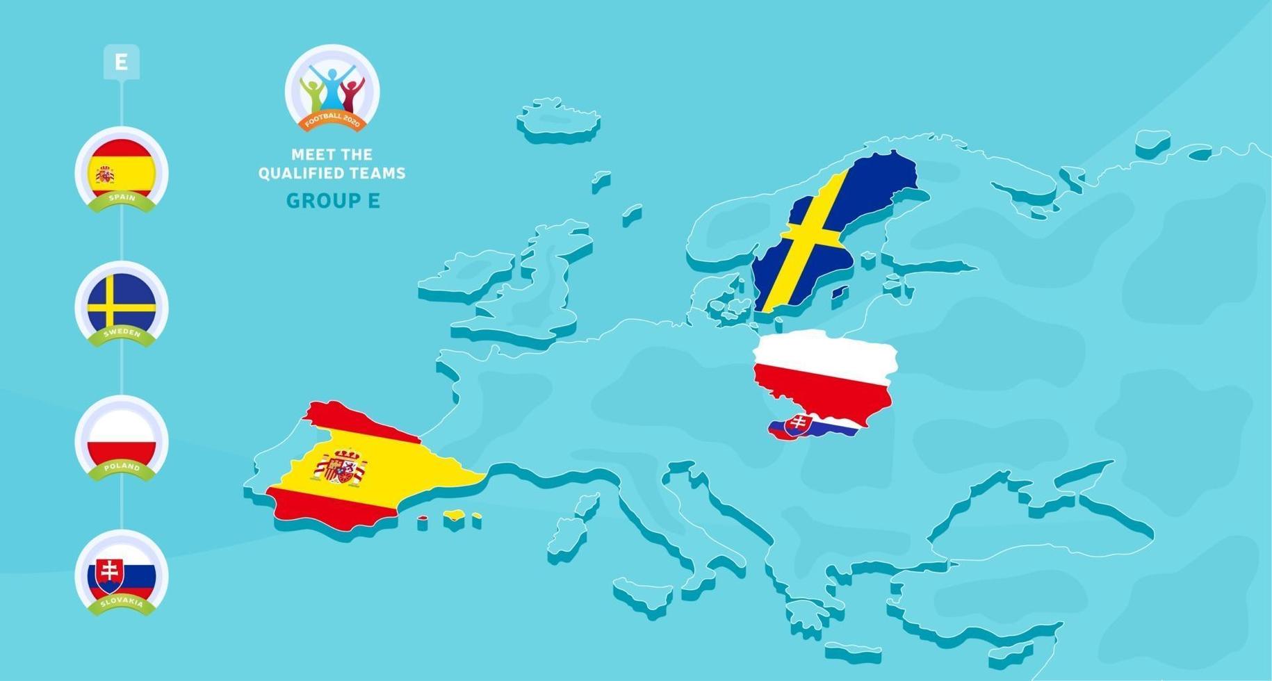 illustration vectorielle de groupe e championnat de football européen 2020 avec une carte de l & # 39; europe et le drapeau des pays en surbrillance qui s'est qualifié pour la phase finale et le logo signe sur fond bleu vecteur