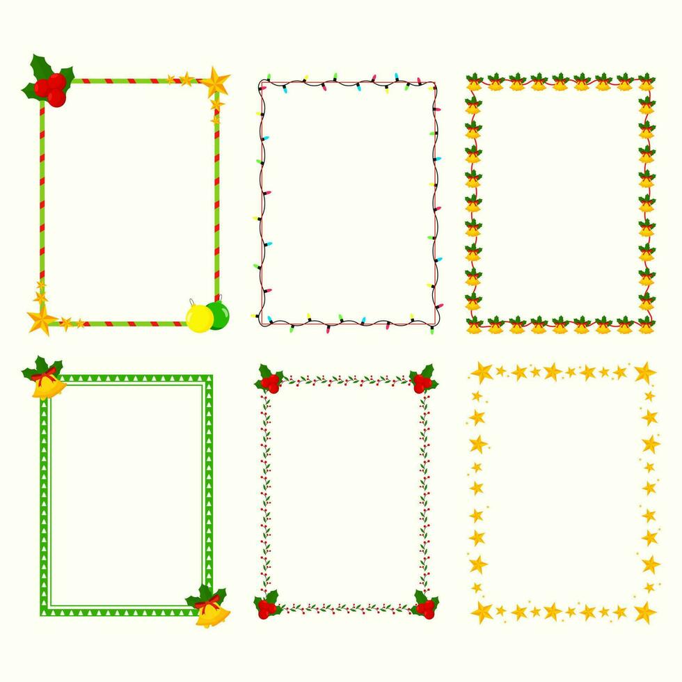 différent style rectangle Cadre fabriqué par étoiles avec tinter cloche, éclairage guirlande et floral modèle, vecteur