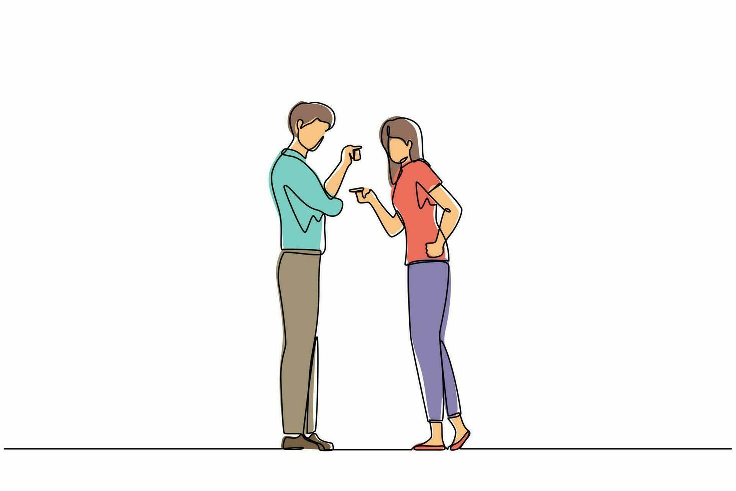 une ligne continue dessinant un couple agressif en colère homme mari femme femme criant et se disputant ensemble. discussion ou désaccord furieux. illustration graphique vectorielle de conception à une seule ligne vecteur