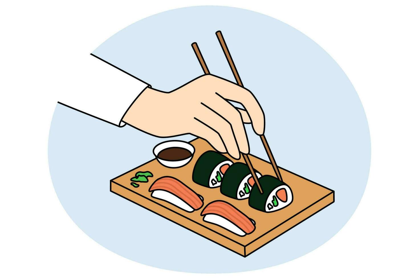 la personne tenir baguettes en mangeant Sushi vecteur