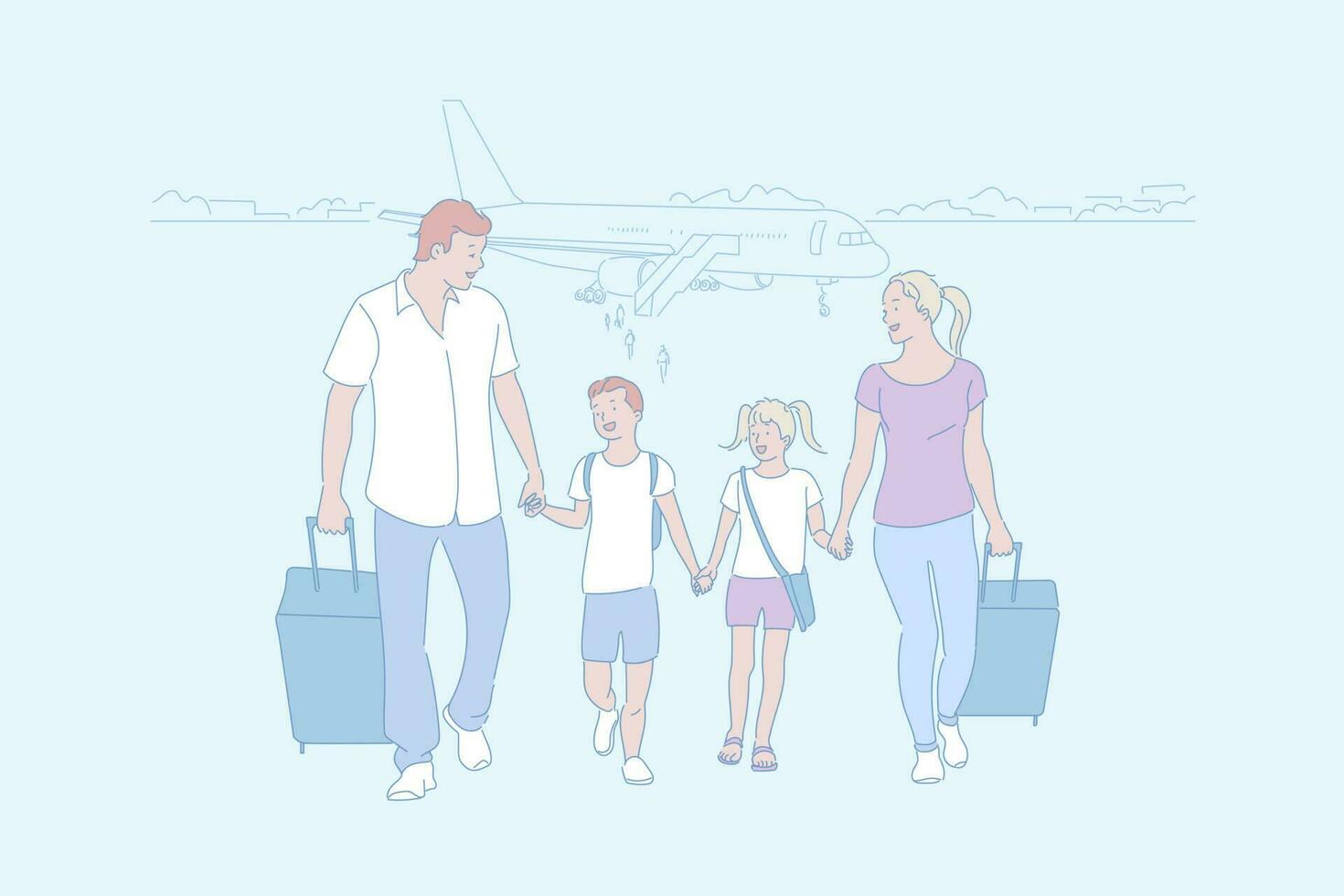famille voyage, en voyageant, arrivée par air concept vecteur