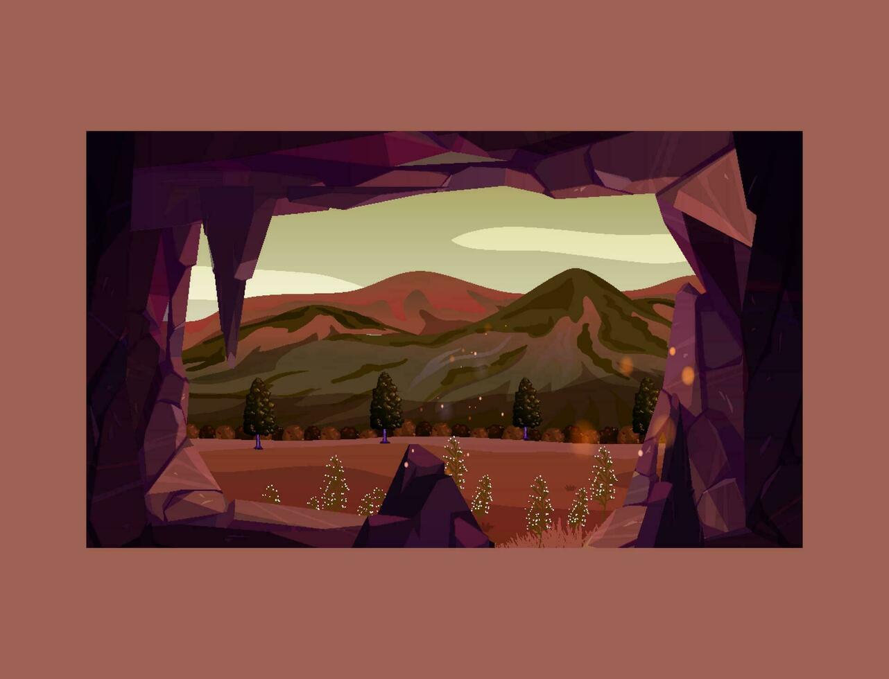 entrée à la grotte dans Montagne avec paysage paysage vue de vert herbe, rivière, rochers et bleu ciel. grotte, caché souterrain tunnel ou caverne, été la nature Contexte. dessin animé vecteur illustration