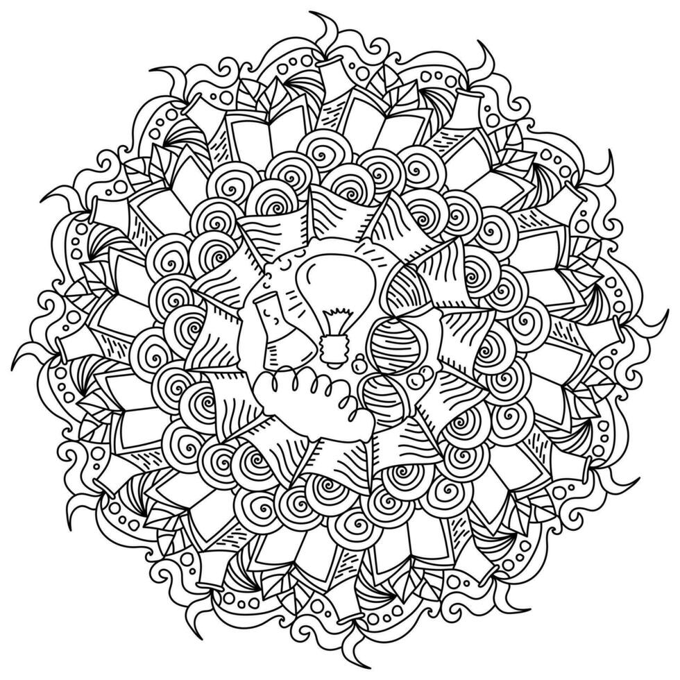 contour mandala sur une scientifique thème, méditatif coloration page avec scientifique équipement et fleuri motifs vecteur