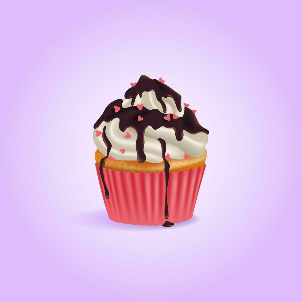 fête petit gâteau, délicieux crémeux muffin avec cœur arrose et Chocolat glaçage. 3d réaliste vecteur sucré dessert.