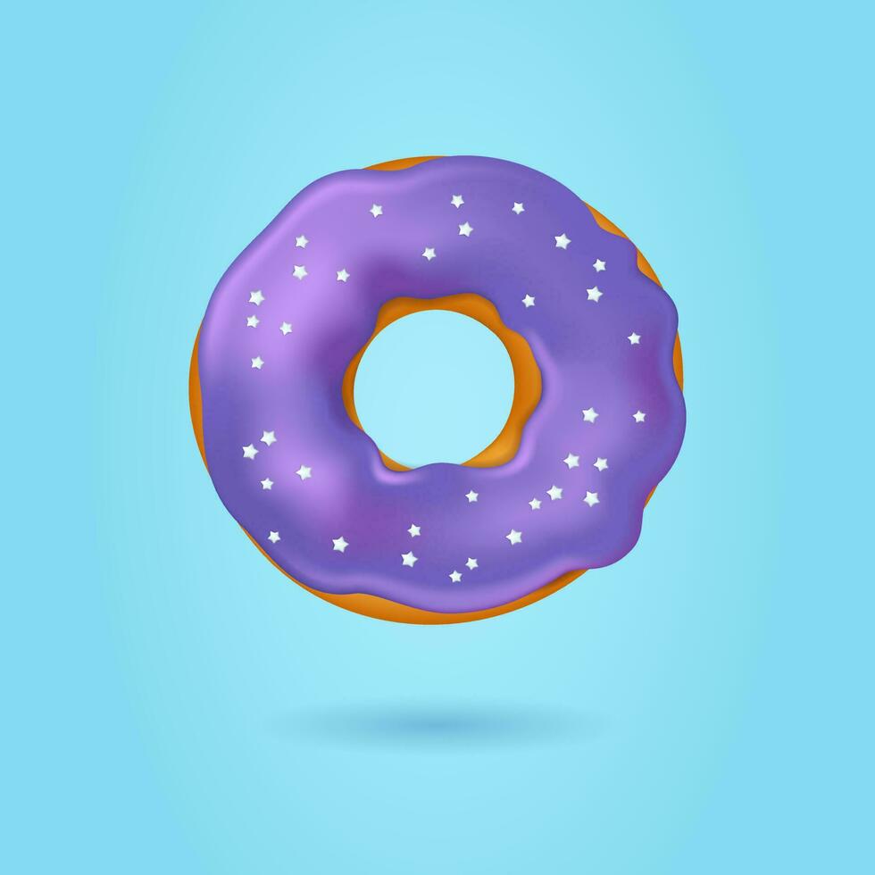 vecteur réaliste Donut illustration. violet glaçage avec étoiles. Donut isolé sur une bleu Contexte. Donut, petit-déjeuner, dessert