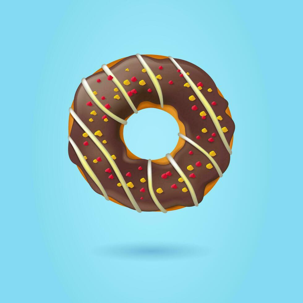 vecteur réaliste Donut illustration. Chocolat glaçage. Donut isolé sur une bleu Contexte. Donut, petit-déjeuner, dessert