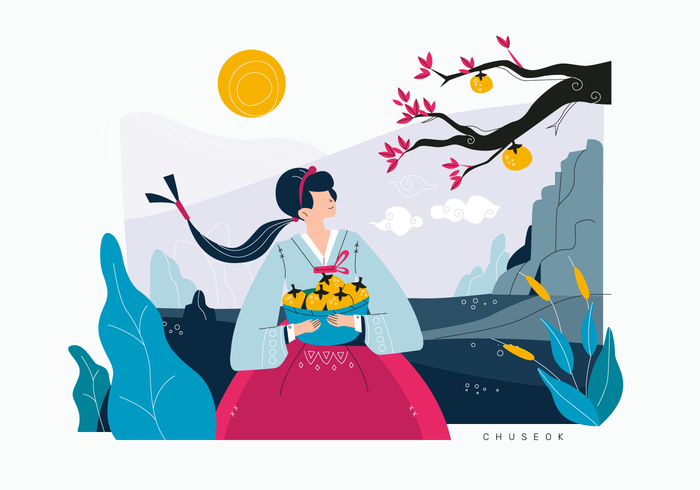 Cute Girl célébrant le festival de la récolte coréenne Vector Flat Illustration Background