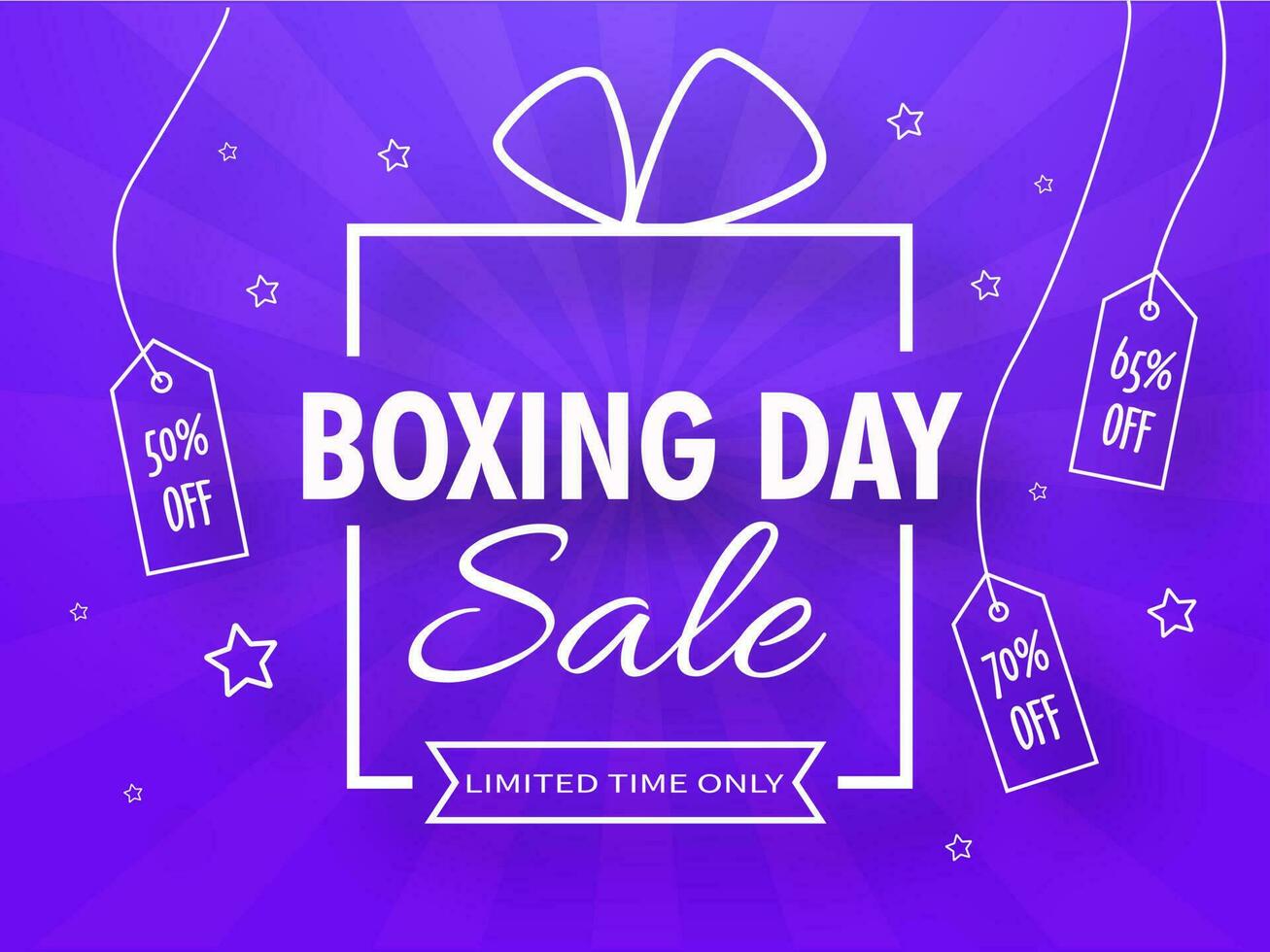 boxe journée vente texte dans Créatif cadeau boîte avec pendaison étiquette de différent remise offre sur violet des rayons Contexte pour publicité. vecteur