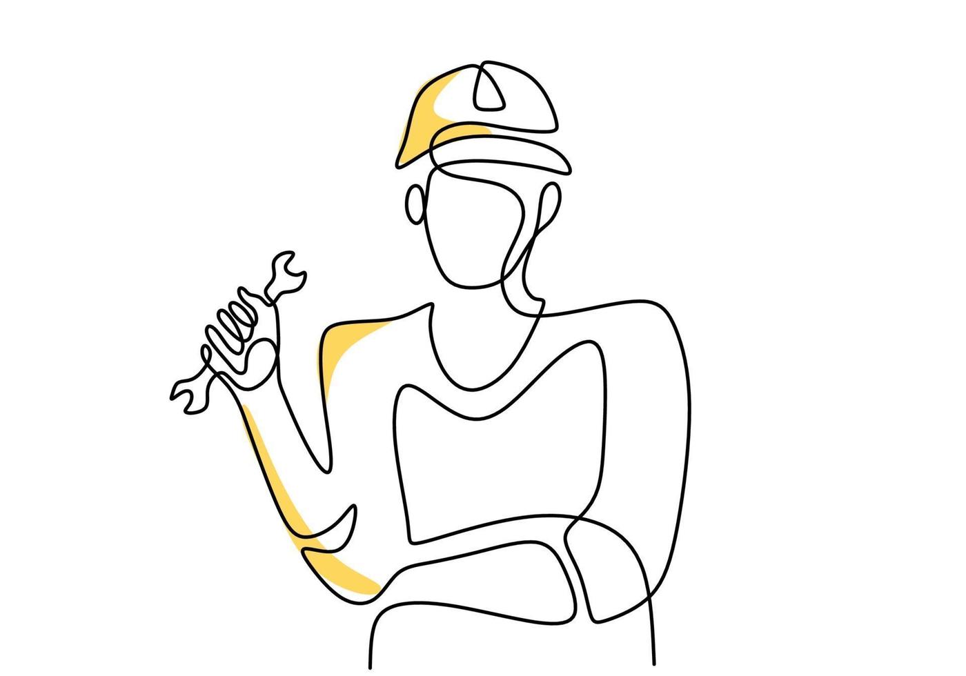 dessin au trait continu d'une jeune femme mécanicien portant un casque et pose debout tout en tenant un jeu de clé. concept minimaliste de profession de travail professionnel. illustration vectorielle vecteur