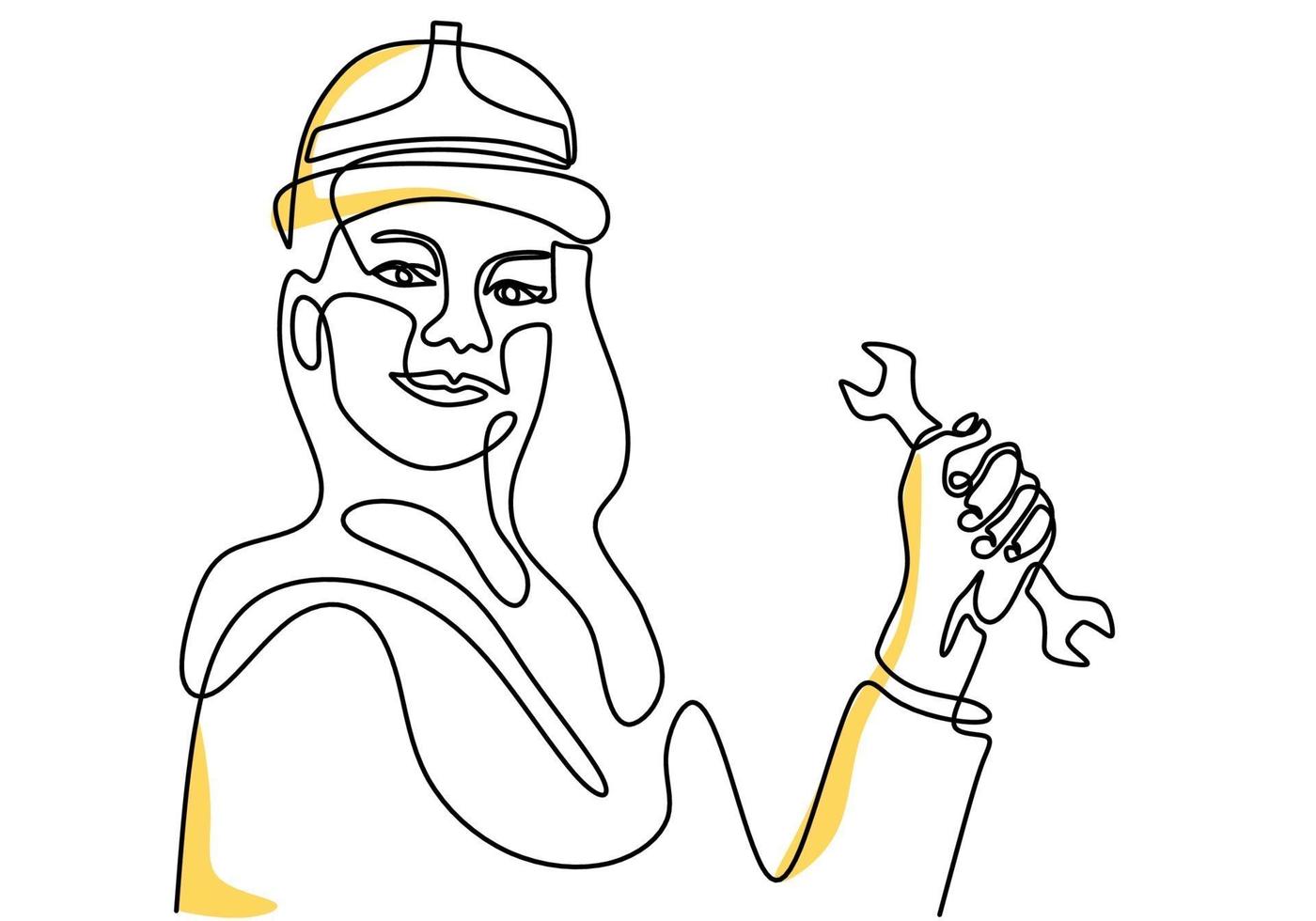 dessin au trait continu d'une jeune femme mécanicien portant un casque et pose debout tout en tenant un jeu de clé. concept minimaliste de profession de travail professionnel. illustration vectorielle vecteur
