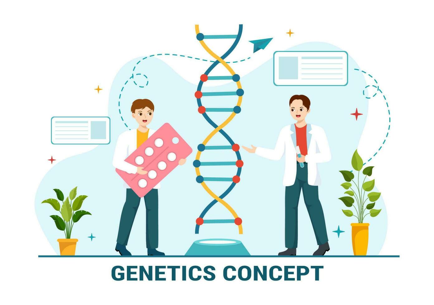 génétique science concept vecteur illustration avec ADN molécule structure et science La technologie dans soins de santé plat dessin animé main tiré modèles