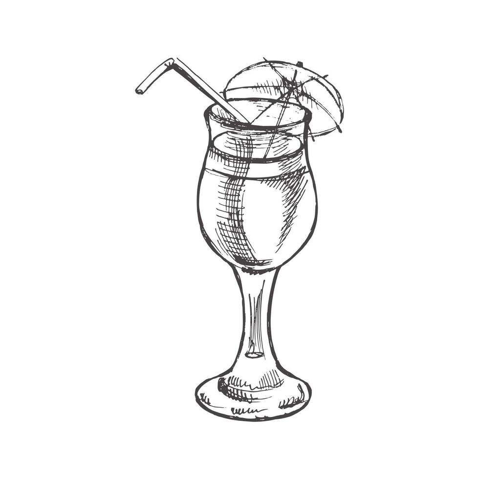 main tiré esquisser de cocktail avec paille et parapluie. ancien vecteur illustration de cocktail dans verre isolé sur blanc Contexte. griffonnage dessin.