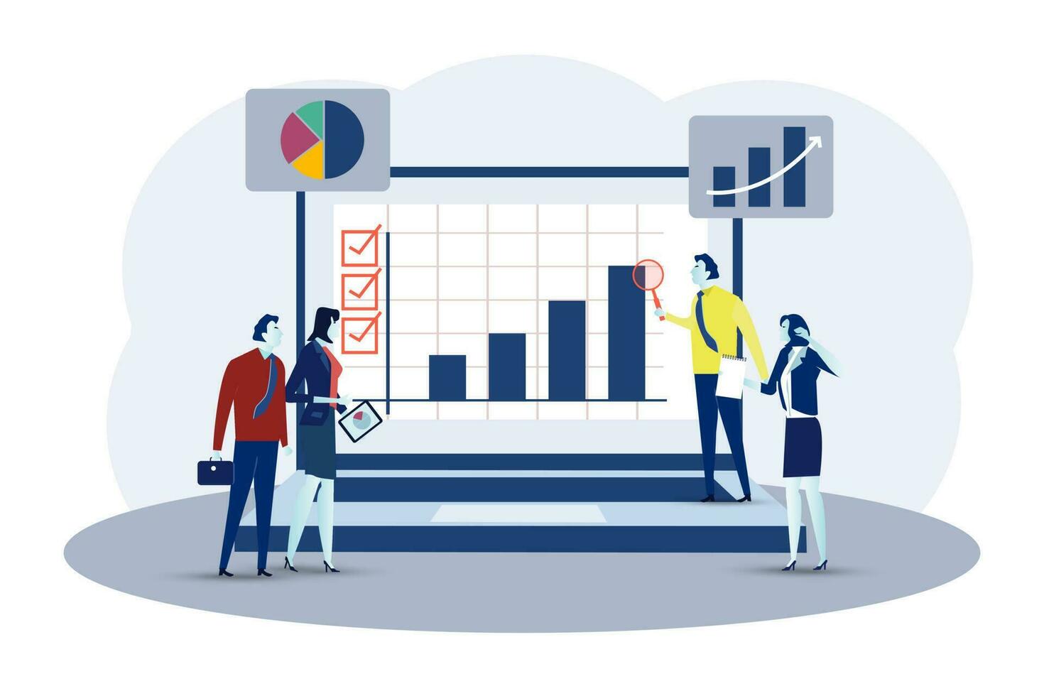 équipe affaires performance Les données analyse. diagrammes pour référencement. commercialisation recherche graphiques. affaires équipe utilisation grossissant verre et productivité outils à analyser graphiques. illustration vecteur