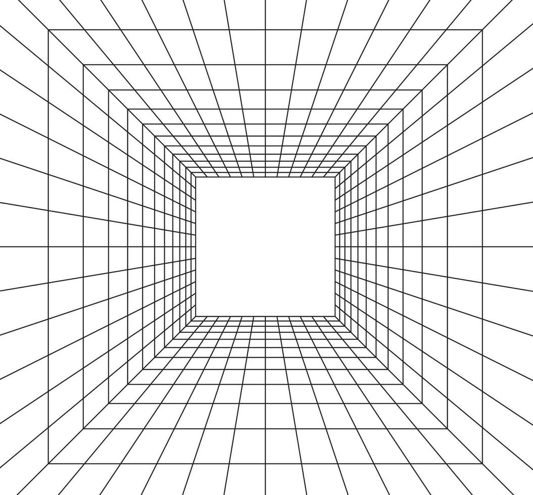 la grille pièce dans la perspective dans 3d style. intérieur filaire de noir laser faisceau, numérique vide boîte. abstrait géométrique conception vecteur