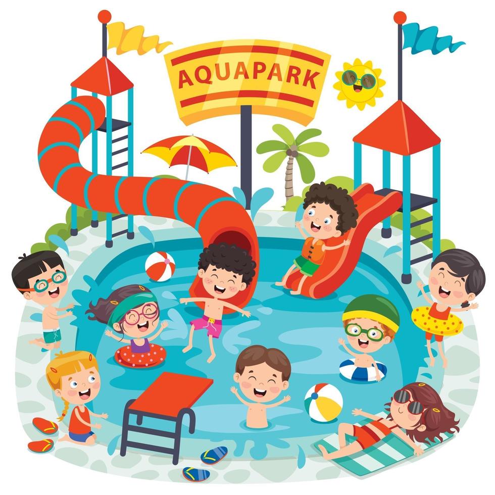 enfants nageant dans un parc aquatique vecteur